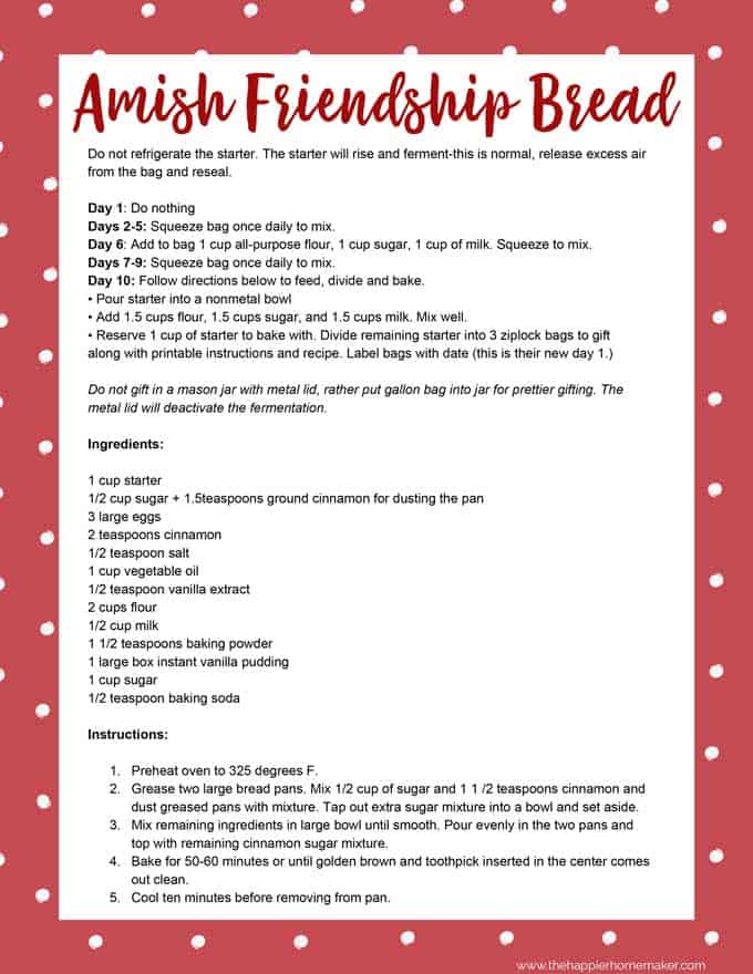 Amish Friendship Bread Instructions Printable Printable World Holiday